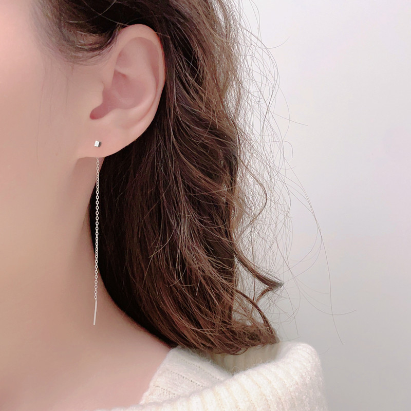 Геометрични квадратни сребърни обици 999 за жени, сребърна ушна верига от Happy Silversmith