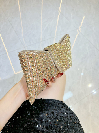 Clutch din PU cu accente de diamant, formă fundă, închidere cu fermoar, buzunar interior pentru telefon, căptușeală poliester