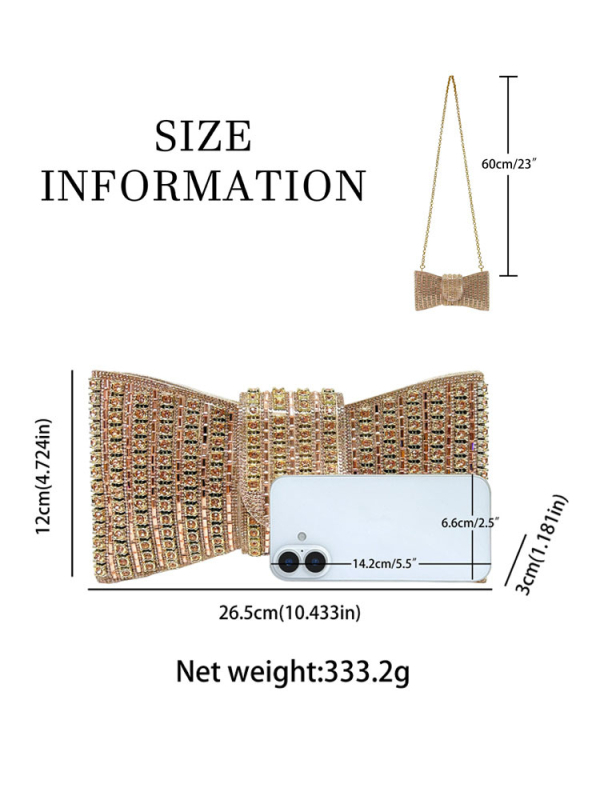 Clutch din PU cu accente de diamant, formă fundă, închidere cu fermoar, buzunar interior pentru telefon, căptușeală poliester