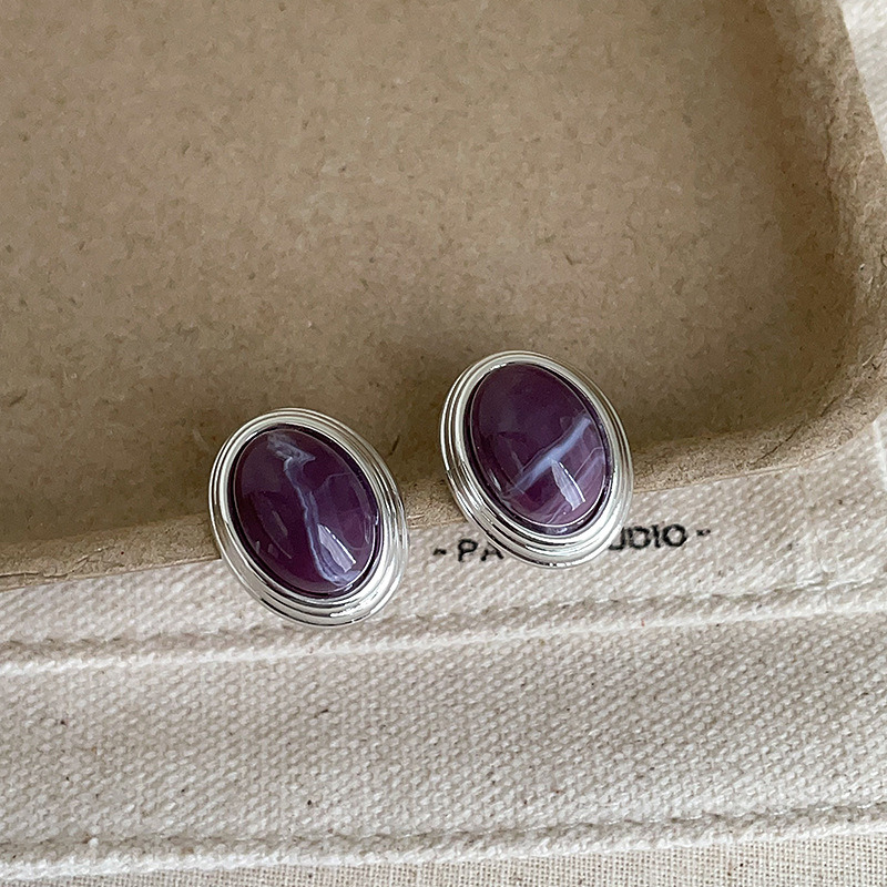 Ronerai Náušnice pre ženy – geometrický tvar, oválny kameň mačacieho oka, kovová báza, titánová ihla, elektroplatovanie