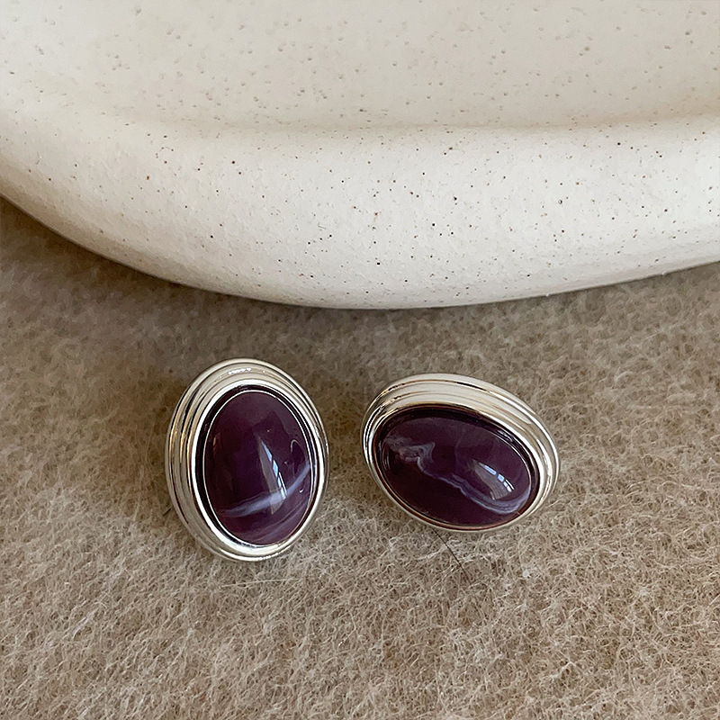 Ronerai Náušnice pre ženy – geometrický tvar, oválny kameň mačacieho oka, kovová báza, titánová ihla, elektroplatovanie