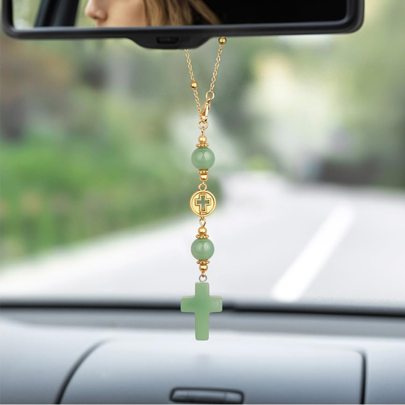 Pandantiv cruce din cristal – cerc decupat, piatră naturală, Langyin, prelucrare semi-manuală, model: Cruce/Coroană/Numerale romane, accesoriu auto la modă