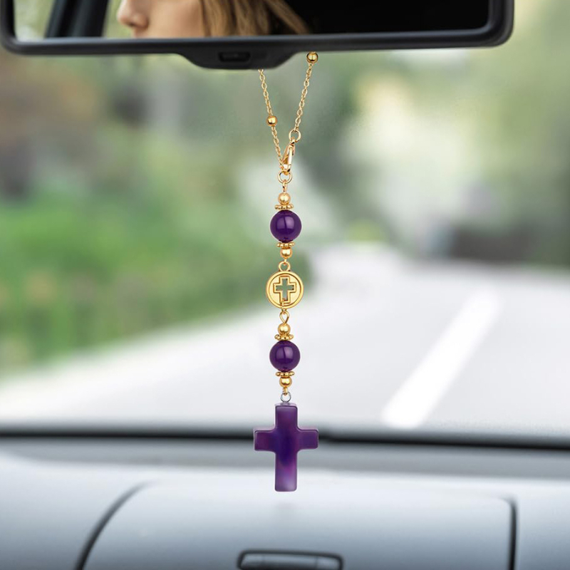 Pandantiv cruce din cristal – cerc decupat, piatră naturală, Langyin, prelucrare semi-manuală, model: Cruce/Coroană/Numerale romane, accesoriu auto la modă