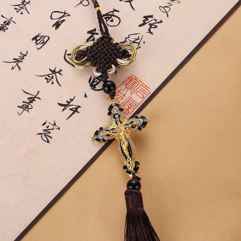 Μεταλλικό διακοσμητικό αυτοκινήτου – κινεζικός παραδοσιακός κόμβος με κρεμαστό σταυρός και φούντα για τον πίσω καθρέφτη, εσωτερική διακόσμηση αυτοκινήτου