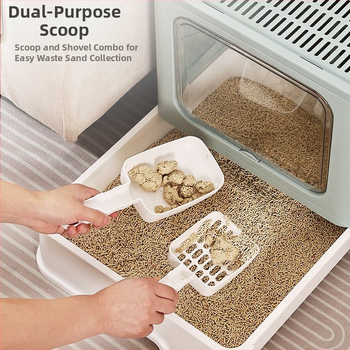 Zásuvková miska na mačky, uzavretá, proti rozptylu steliva a špliechaniu, s dolným vstupom a horným výstupom, PP materiál, obsahuje lopatku na stelivo, vhodná pre mačky, zajace a činčily.