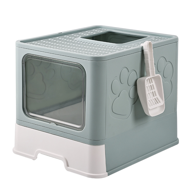 Zásuvková miska na mačky, uzavretá, proti rozptylu steliva a špliechaniu, s dolným vstupom a horným výstupom, PP materiál, obsahuje lopatku na stelivo, vhodná pre mačky, zajace a činčily.