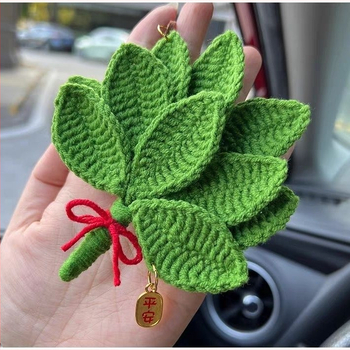 Autodielny plyšový prívesok, ručne háčkovaný, motív listu grejpfrínu, kreslený štýl, aróma funkcia