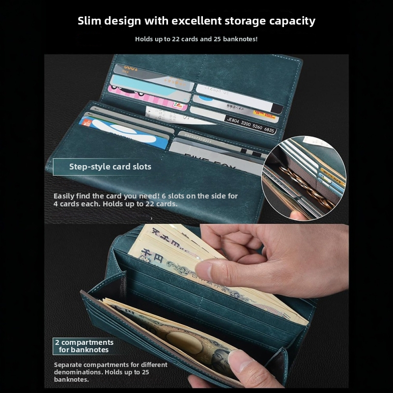 Mužská dlhá kožená peňaženka s japonským štýlom, prvotriedna hovädzia koža, veľká kapacita, viac kariet, mincovník