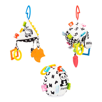 Jollybaby Geometriai textil akasztós játék autóhoz és bölcsőhöz, 0–3 éveseknek — anyag: textil, vizuális stimuláció, kéz-szem koordináció