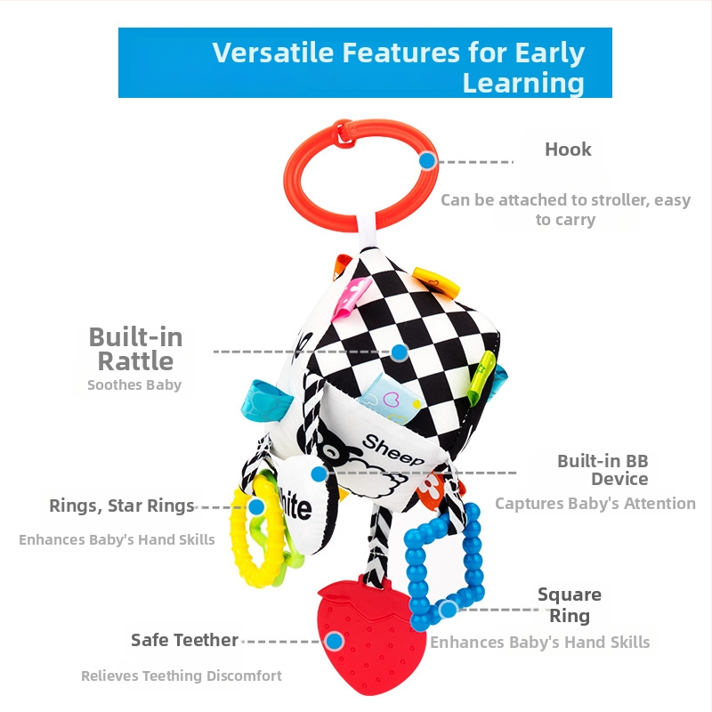 Jollybaby Geometriai textil akasztós játék autóhoz és bölcsőhöz, 0–3 éveseknek — anyag: textil, vizuális stimuláció, kéz-szem koordináció