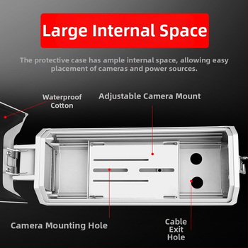 Ārējai novērošanas kamerai aizsargkorpuss, Gun tips, plastmasas korpuss; kabelis līdz 2 cm diametram; darba temperatūra -30°C līdz 60°C; skrūvju stiprinājums; logs 60×60 mm.