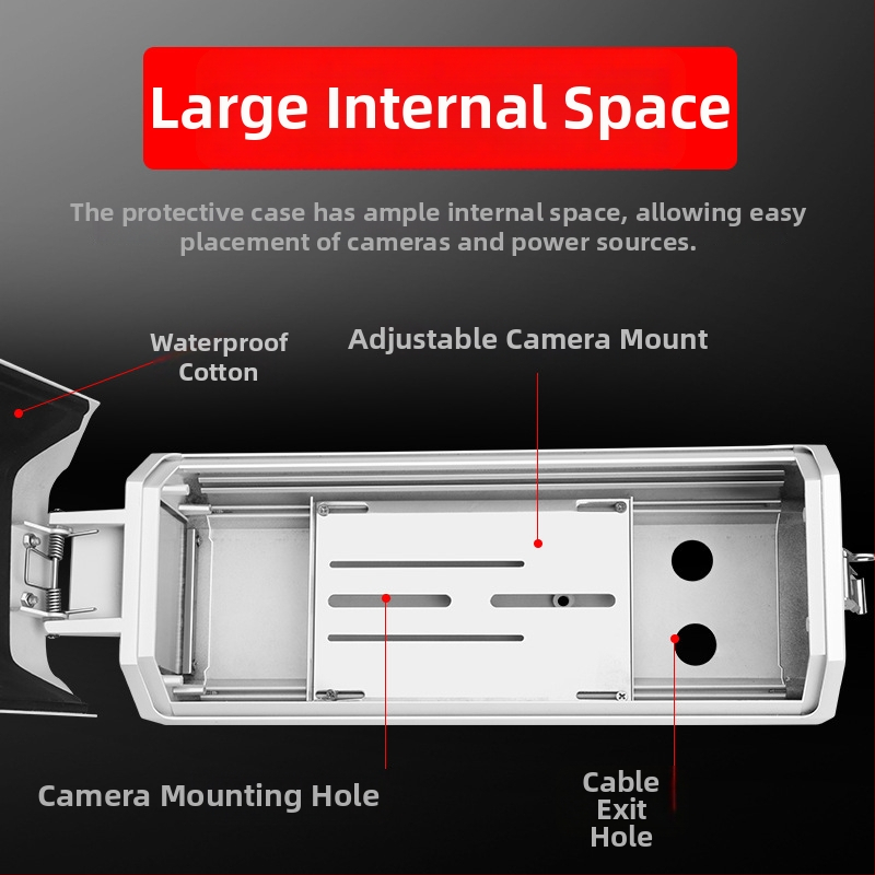 Ārējai novērošanas kamerai aizsargkorpuss, Gun tips, plastmasas korpuss; kabelis līdz 2 cm diametram; darba temperatūra -30°C līdz 60°C; skrūvju stiprinājums; logs 60×60 mm.