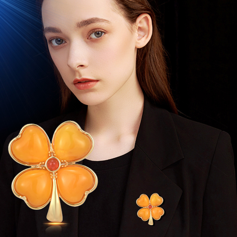 Брошка, цветеобразна детелина с четири листа, екологично чисто медно, диамантно полирана, моден аксесоар