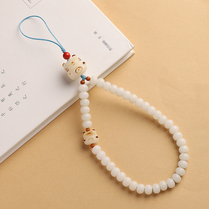 Náhrdelník na telefón Bodhi koreň s ručne navlečenými korálkami, pôvod Hunan, vzor malé zvieratko, pastoraálny štýl, svieži a sladký