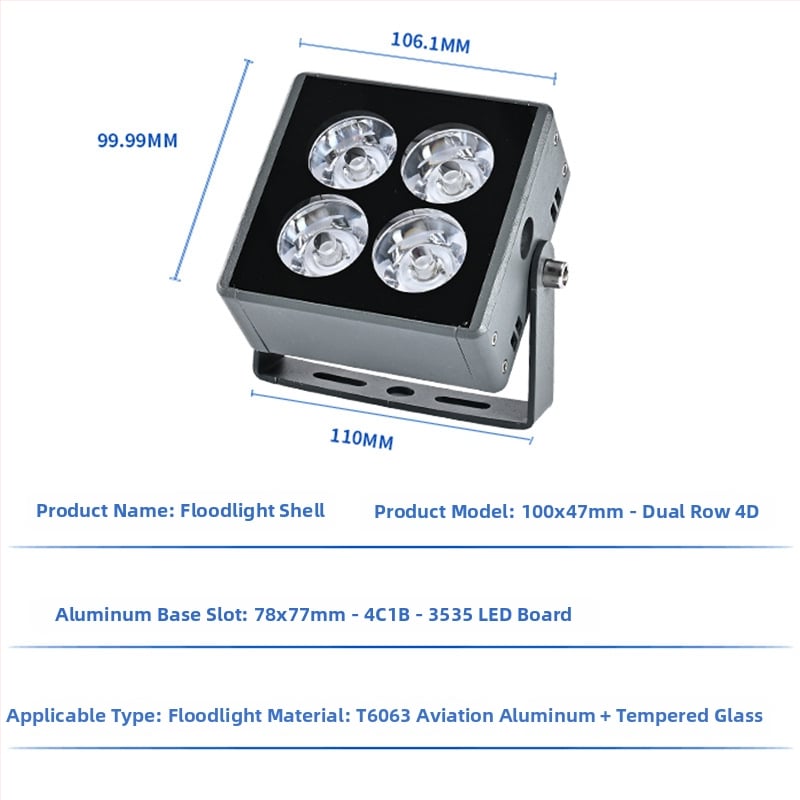 Prožektoriaus korpusas, 2x2 dviejų eilių LED modulis, aliuminio lydinys + temperuotas stiklas, paviršius: purškiamas dažymas, lauko naudojimui atsparus vandeniui, model WD-100X47MM-Double Row 4D