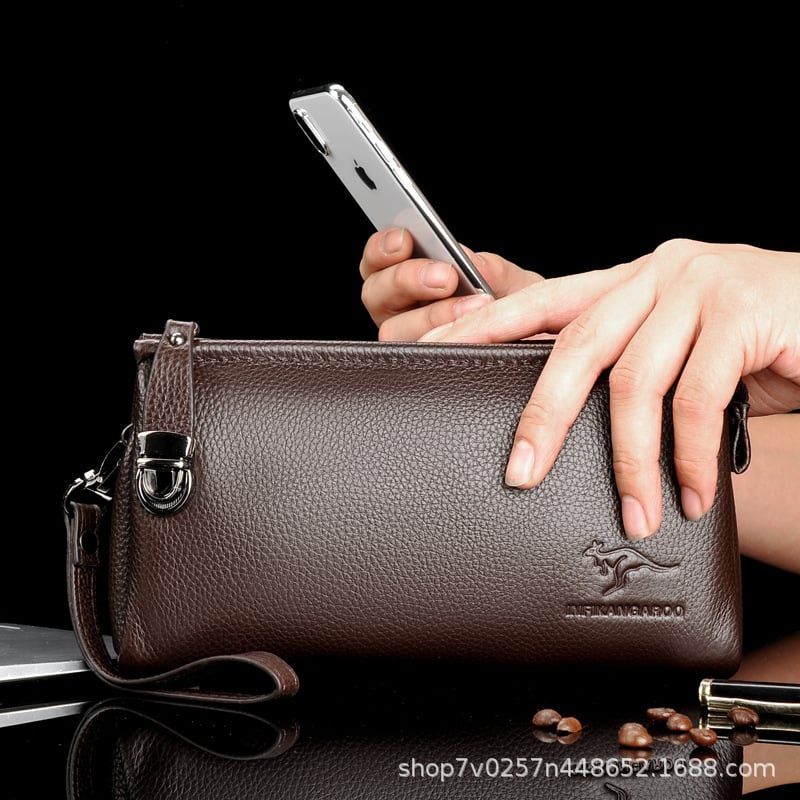 Clutch din piele pentru bărbați, piele naturală, formă orizontală dreptunghiulară, închidere cu fermoar, impermeabil, compartimente interne pentru bancnote, pașaport și carduri