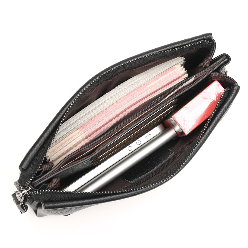 Clutch din piele pentru bărbați, piele naturală, formă orizontală dreptunghiulară, închidere cu fermoar, impermeabil, compartimente interne pentru bancnote, pașaport și carduri