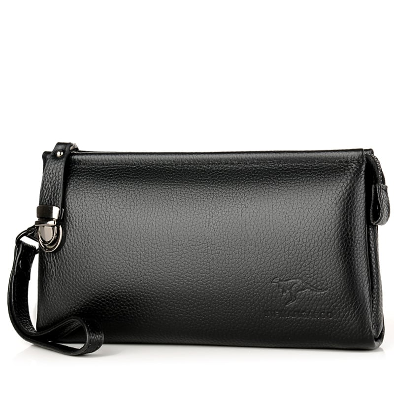 Clutch din piele pentru bărbați, piele naturală, formă orizontală dreptunghiulară, închidere cu fermoar, impermeabil, compartimente interne pentru bancnote, pașaport și carduri