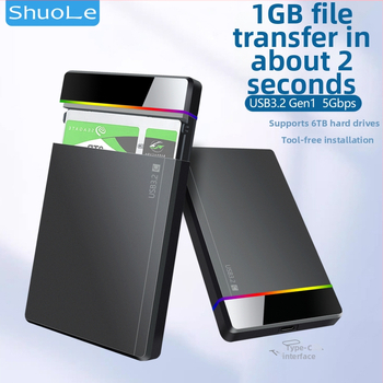 Shuole U25n-l 2,5-palcové externé HDD puzdro s Type-C, beznástrojová inštalácia, RGB indikátor, USB 3.2 Gen 1 (5 Gbps), PC+ABS, Podpora až 6TB