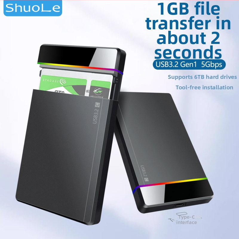 Shuole U25n-l 2,5-palcové externé HDD puzdro s Type-C, beznástrojová inštalácia, RGB indikátor, USB 3.2 Gen 1 (5 Gbps), PC+ABS, Podpora až 6TB