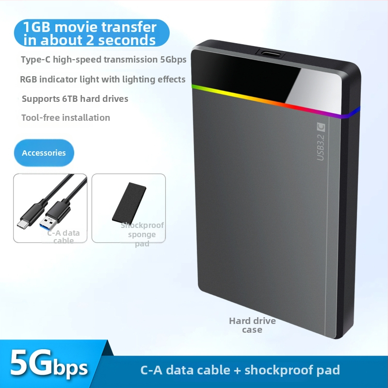 Shuole U25n-l 2,5-palcové externé HDD puzdro s Type-C, beznástrojová inštalácia, RGB indikátor, USB 3.2 Gen 1 (5 Gbps), PC+ABS, Podpora až 6TB