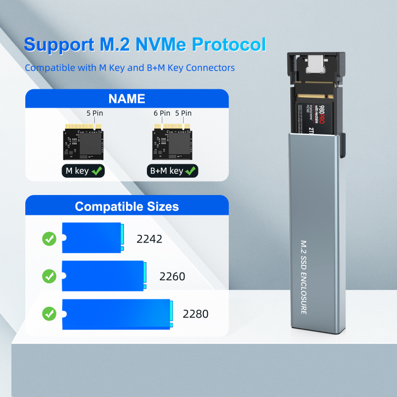 Carcasă SSD M.2 cu dublu protocol NVMe/SATA, Type-C 3.2 Gen2, din aluminiu, suportă 2TB, 10 Gbps