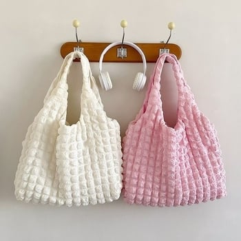 Koreai stílusú pliszírozott bubble puff Tote táska cipzárral, pamutból, vízszintes négyzet alakú, telefon zseb, dupla vállpánt