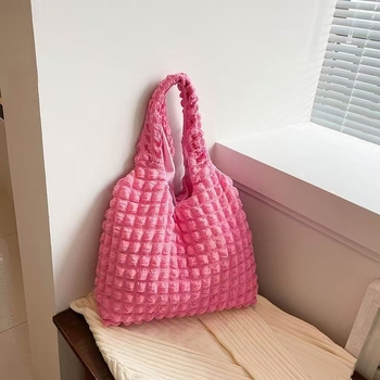 Koreai stílusú pliszírozott bubble puff Tote táska cipzárral, pamutból, vízszintes négyzet alakú, telefon zseb, dupla vállpánt