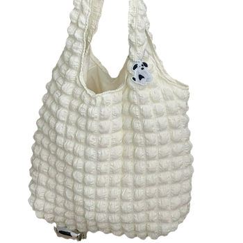 Koreai stílusú pliszírozott bubble puff Tote táska cipzárral, pamutból, vízszintes négyzet alakú, telefon zseb, dupla vállpánt
