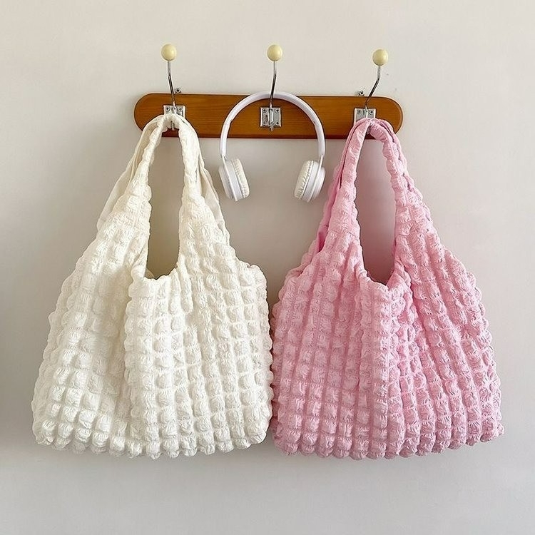 Koreai stílusú pliszírozott bubble puff Tote táska cipzárral, pamutból, vízszintes négyzet alakú, telefon zseb, dupla vállpánt