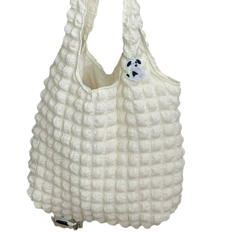 Koreai stílusú pliszírozott bubble puff Tote táska cipzárral, pamutból, vízszintes négyzet alakú, telefon zseb, dupla vállpánt