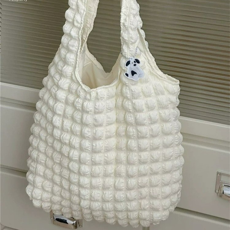 Koreai stílusú pliszírozott bubble puff Tote táska cipzárral, pamutból, vízszintes négyzet alakú, telefon zseb, dupla vállpánt