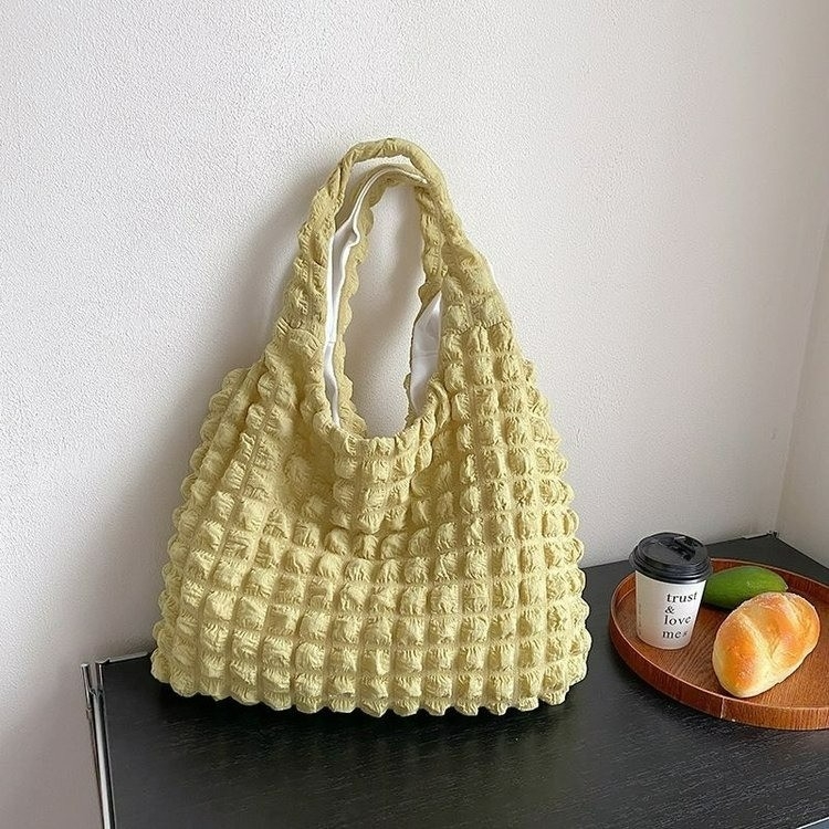 Koreai stílusú pliszírozott bubble puff Tote táska cipzárral, pamutból, vízszintes négyzet alakú, telefon zseb, dupla vállpánt