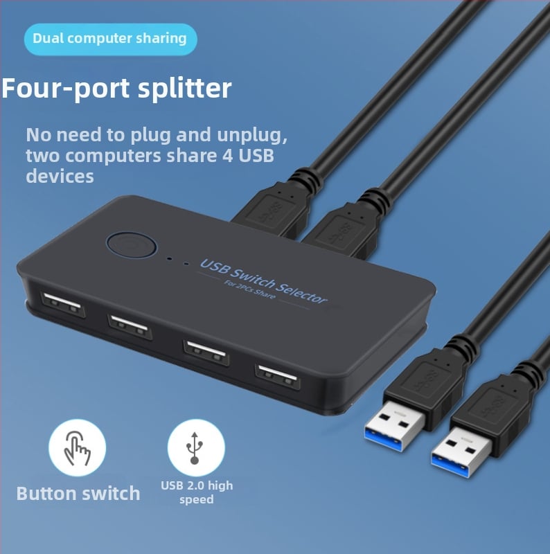 Walbuss USB-204 USB 2.0 prepínač/hub, 2 vstupy, 4 výstupy, 1 m kábel, napájanie cez USB (bez externého zdroja), 480 Mbps
