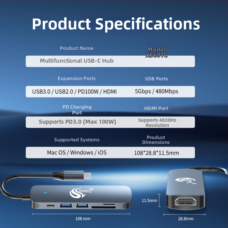 Type-C šest u jedan prošireni dok USB hub 3.0, 5 Gbps, kabel 150 mm, bez napajanja