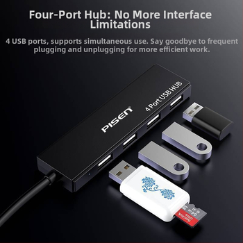 Pisen USB 2.0 štvorportový hub, napájaný cez USB, 0,25 m kábel, vysokorýchlostný prenos 2.0
