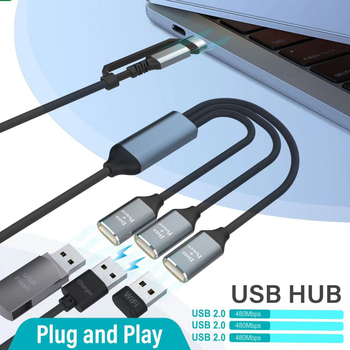 USB Type-C σε USB 2.0 3 θύρες hub docking, OTG δεδομένων, καλώδιο 30 cm