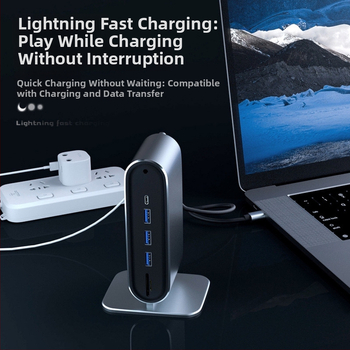 Type-C 12-in-1 dokovacia stanica USB hub pre notebook s externým napájaním, 40 cm kábel, USB-C rozhranie, prenosová rýchlosť 3.2