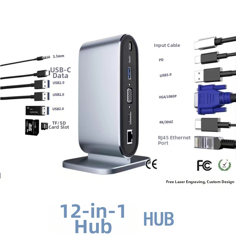 Type-C 12-in-1 dokovacia stanica USB hub pre notebook s externým napájaním, 40 cm kábel, USB-C rozhranie, prenosová rýchlosť 3.2