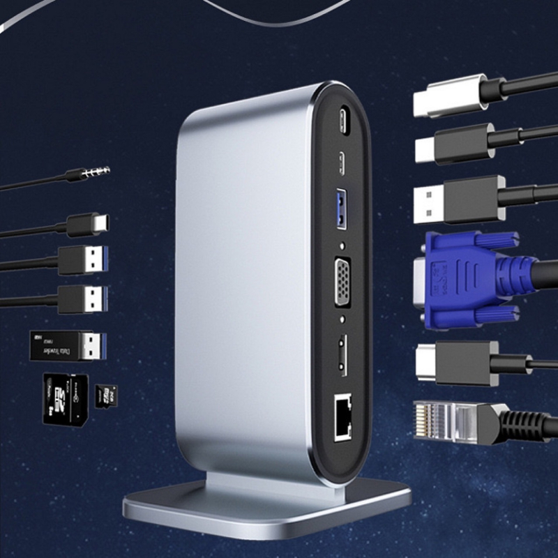 Type-C 12-in-1 dokovacia stanica USB hub pre notebook s externým napájaním, 40 cm kábel, USB-C rozhranie, prenosová rýchlosť 3.2