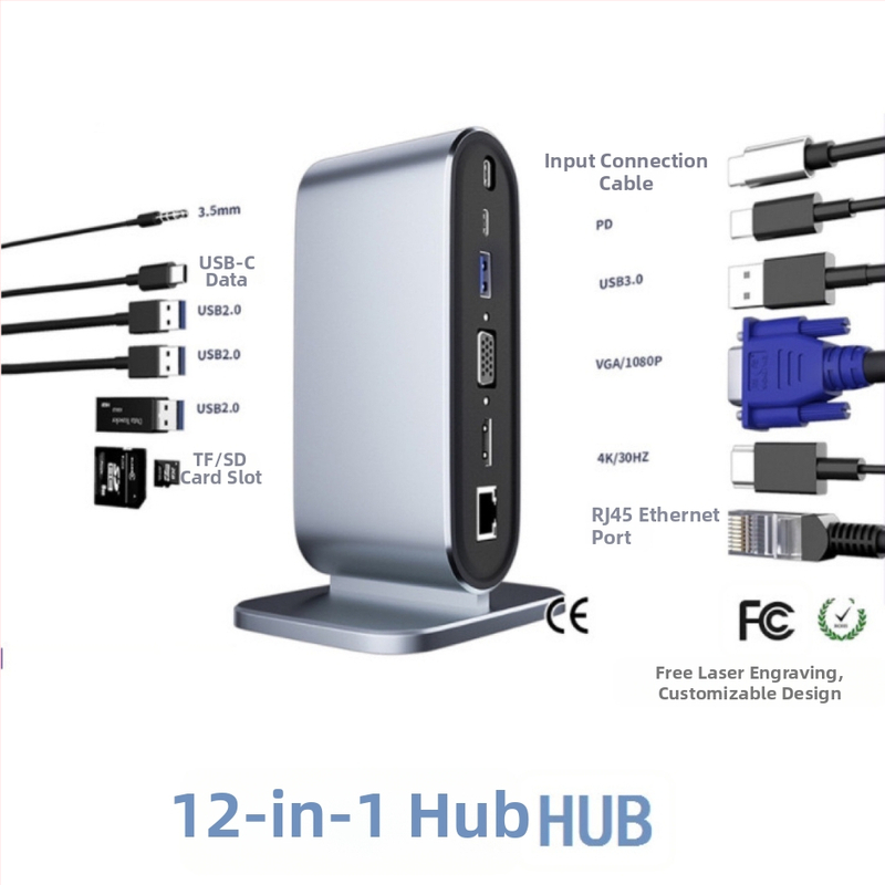 Type-C 12-in-1 dokovacia stanica USB hub pre notebook s externým napájaním, 40 cm kábel, USB-C rozhranie, prenosová rýchlosť 3.2
