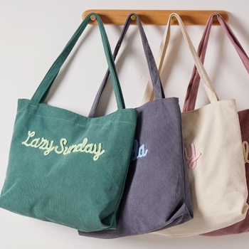 Бродирана Corduroy Tote чанта, ежедневна кръгла форма, цип, полиестерна подплата