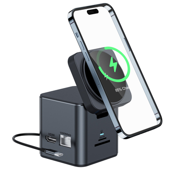 Stație de docking USB-C W15 cu încărcare wireless magnetică de 15W, transfer 5Gbps, alimentare externă