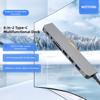 Type-C 8-in-2 multifunkčná dokovacia stanica, USB 3.0 hub, 10 Gbps, kábel 20 cm, bez externého napájania, 1–6 portov
