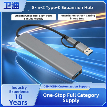 Type-C 8-in-2 multifunkčná dokovacia stanica, USB 3.0 hub, 10 Gbps, kábel 20 cm, bez externého napájania, 1–6 portov