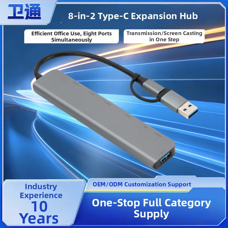 Type-C 8-in-2 multifunkčná dokovacia stanica, USB 3.0 hub, 10 Gbps, kábel 20 cm, bez externého napájania, 1–6 portov