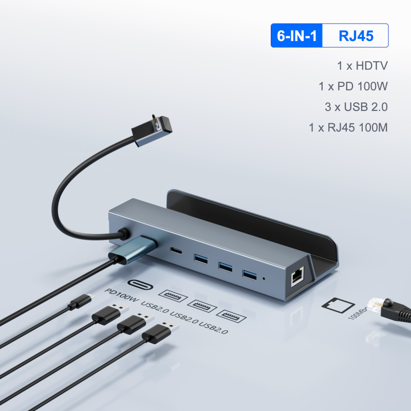 Šest-u jedan Type-C docking stanica za bazu prijenosne gaming konzole – HDMI izlaz 4K60Hz, USB-C 5Gbps prijenos, Gigabit Ethernet, bez vanjskog napajanja