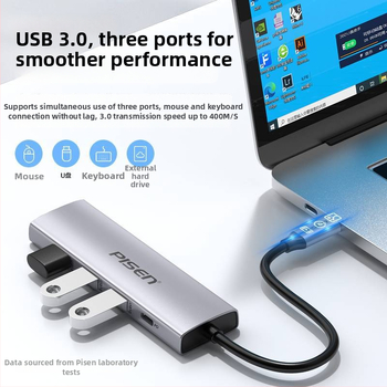 Pisen Type-C hub rozdeľovač, USB 3.0, napájanie cez USB, 1 vstupný port Type-C
