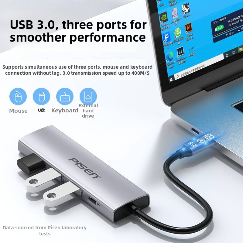 Pisen Type-C hub rozdeľovač, USB 3.0, napájanie cez USB, 1 vstupný port Type-C