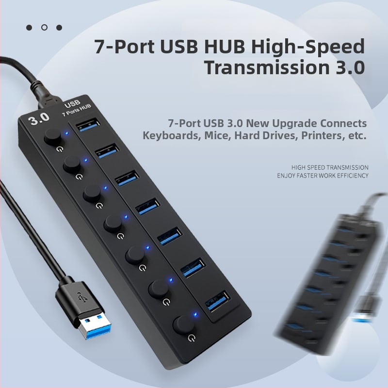 USB 3.0 7-portový hub s nezávislými prepínačmi – Model L80, 5 Gbps, Externé napájanie